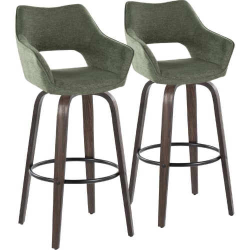 Mustang 30" Swivel Bar Stool in Walnut Glazed Wood & Green Fabric w/ Black Footrest (Set of 2)